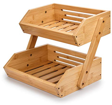 G.a HOMEFAVOR Large Bamboo Fruit Basket, 2-Tier Fruit Bowl for Kitchen Counter, Vegetable Storage Stand for Fruit Shop, 15 mm Thickness (Self-assembly)