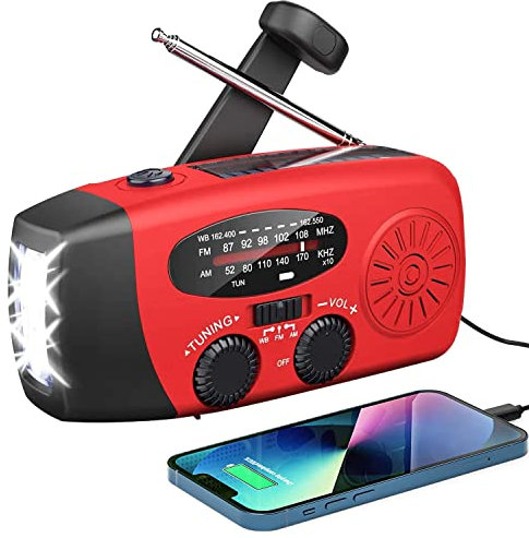 Radio Solaire d’Urgence, Radio à Manivelle Auto-alimentée avec Lampe de Poche LED, Météo AM/FM/WB avec Batterie Rechargeable 2000mAh pour Le Chargement d’Urgence du Téléphone Intelligent