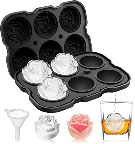 Ice Cube Tray, Mikiwon 2 inch Rose Ice Cube Trays With Covers, 6 Cavity Silicone Rose Ice Ball Maker, Easy Release Large Ice Cube Form for Chilled Cocktails, Whiskey, Bourbon & Homemade Juice Black