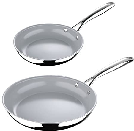 MasterPRO - Argent 3 Collection - 2 Piece Fry Pan Clad Cookware Set with Ceramic Non-Stick Coating - Tri Ply Stainless Steel Pot and Pan Set with Riveted Stay Cool Handles - Safe for All Stove Types
