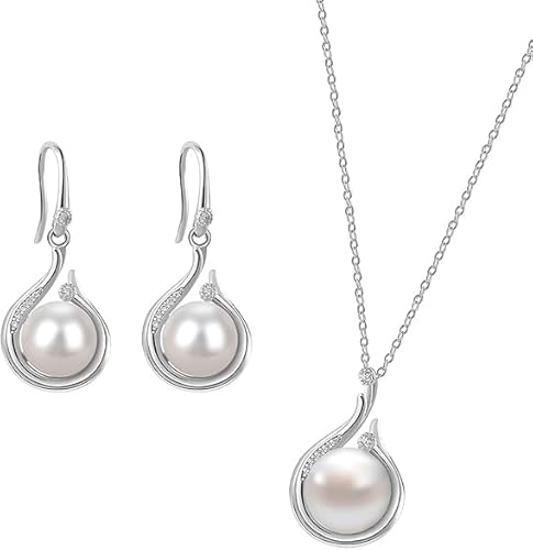 Huacan Juego de joyas para mujer, plata de ley 925, pendientes con perlas, collar de perlas cultivadas de agua dulce, juego de joyas CZ regalos para novia, dama de honor, boda, Plata