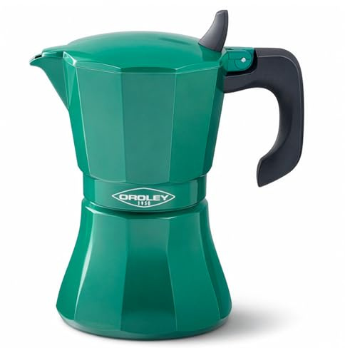 Oroley - Cafetera Italiana Petra de 9 Tazas | Base de Acero Inoxidable | Apta para Inducción, Vitrocerámica, Fuego y Gas | Estilo Tradicional | Color Verde