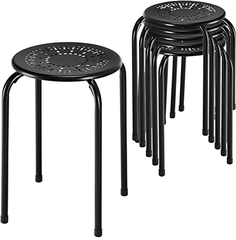 COSTWAY 6-Pack Plastic Stack Stools, 17.5-Inch Portable Stackable With Daisy Design, Backless School Classroom Decoration With Round Top Ideal for Kids Children Students, Black