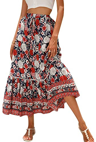 Jupe longue décontractée pour femme Vioyavo - Style bohème vintage avec imprimé floral - Style bohème - Demi-robe - Taille élastique - Jupe midi fluide et flottante - Pour l'été et le printemps, Rouge