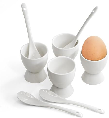8 Piece Breakfast Set 4 x Egg Cup Holders & 4 x Spoons White Porcelain Ceramic