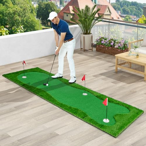 GOPLUS Tapis de Putting Golf 3 x 1 M, Grand Tapis Entraînement de Golf Intérieur Extérieur, 3 Trous, 3 Coupes et Drapeaux d'aide à l'entraînement, Tapis d'Entraînement de Golf