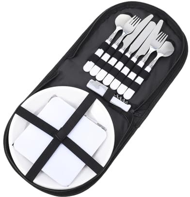 WOONEKY Couverts Multifonctions de Camping en Acier Inoxydable Noir, Set 4 Personnes, Kit Portable pour Pique-niques et Randonnée en Plein Air, Ustensiles Légers et Compacts