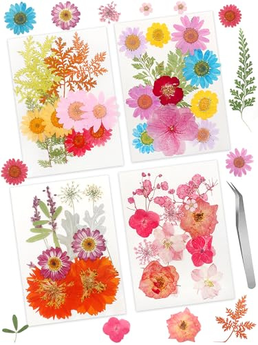Cinvo 48 Pcs Real Dried Pressed Flowers and Leaves Natural Dried Petals Greenery with Tweezer for Candle Resin Jewelry Soap Nail Pendant Phone Case Crafts Making Floral Decors DIY Embellishments