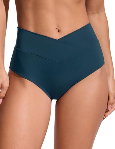 CRZ YOGA High Waisted V Cut Bikini Bottom for Women - Cross Front Bathing Swimsuit Full Coverage Swim Briefs Insignia Blue Medium