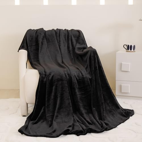 YASMENG Couverture polaire moelleuse et chaude pour l'hiver - Noir - 180 x 200 cm - Douce et douillette - En flanelle - Pour lit, canapé, salon