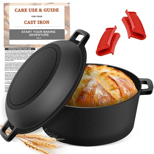 NZQXJXZ Cast Iron Pot Dutch Oven for Bread Baking, Cast Iron Casserole Dish with Lid Baking Cooking Supplies, 2-in-1 Dutch Oven Pot with Skillet, 5QT