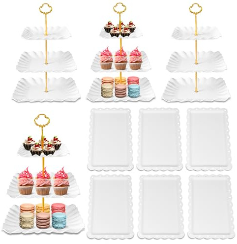 10 Pack Dessert Table Display Set - 4 x Three-Tier Square Cupcake Stands and 6 x Serving Trays, Elegant Tableware for Cakes, Cupcakes, Pastries, and Snacks, Perfect for Parties (White)