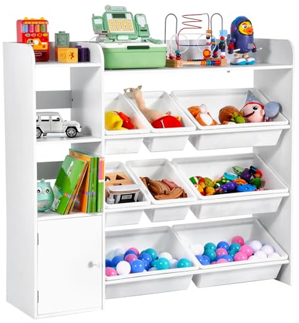 VEVOR Meuble de Rangement Jouets Enfant à 4 Niveaux avec bibliothèque, étagère d'organisateur de Jouets avec 8 bacs en Plastique Flexibles, pour Salle d'étude, Chambre, Salle de Jeux, crèche, Blanc