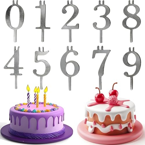 Reusable Number Birthday Candle Holder Set, Digital Birthday Cake Candle Holders Set, Silver Cake Topper Decorations, Adjustable Candles Stand, Party Cakes Accessories (Silver)