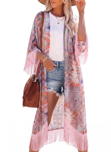 Bestshe Women's Floral Kimono Cardigan Pink