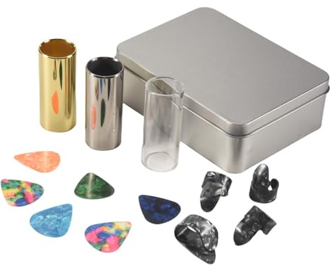 Willoghsa Guitar Slide Set Of 1 Glass Slide, 1 Steel Slide and 1 Brass Guitar Slide, 6 Pcs Guitar Picks and 4 Finger Picks