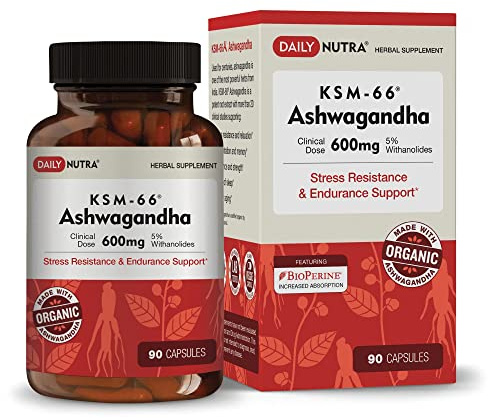 DailyNutra KSM-66 Ashwagandha 600mg Organic Root Extract - High Potency Supplement with 5% Withanolides | Relieves Tiredness, Supports Relaxation, Focus, Energy, & Muscle Growth (90 Capsules)