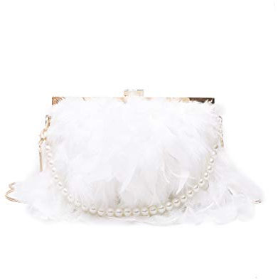 Fenical Abendtasche mit Perlenriemen Kette Clutch Bags Feder Umhängetasche für Frauen Mädchen Damen (weiß)