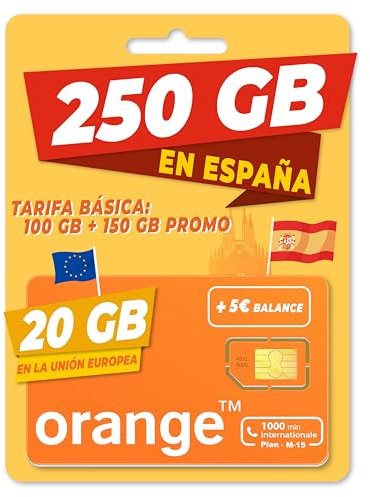 Orange Spain - Tarjeta SIM Prepago 250GB en España| 5€ de saldo | 20GB en la Unión Europea | 1000 Minutos internacionales | Activación Online Solo en www marcopolomobile com