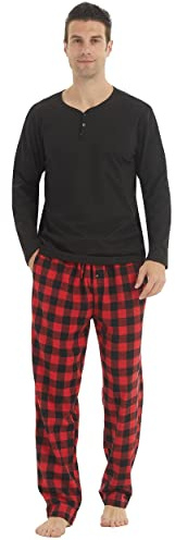 YUSHOW Pijamas para Hombre, Conjunto de Forro Polar a Cuadros, Ropa de Dormir Suave, Pantalones de Algodón con Parte Superior de Manga Larga