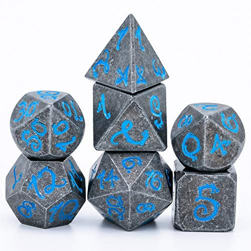 World of Dice Metallwürfel Steinoptik - Pen and Paper Würfel Set, 7 teilig, ideal für Dungeons and Dragons (DND), Das Schwarze Auge (DSA), Shadowrun, Cthulhu und andere RPG