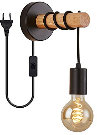 Appliques Murales Intérieur E27 Edison Vintage Plafonnier en Métal Avec Bois Naturel Rétro Décoration nordique Ronde Cordon Suspendu lampe de chevet pour Salon Cuisine Couloir Chambre Maison (Noir)