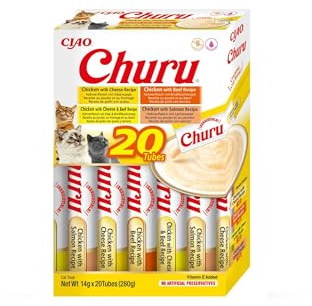 INABA Churu Gatos - 4 Recetas de Snacks Saludables a Base de Pollo - Deliciosos Premios con Textura Suave y Cremosa - Natural, Sin Cereales, Sin Conservantes, Sin Colorantes - 280g (20x14g)
