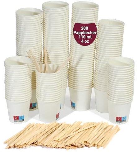 gobecups 200 Vasos desechables 110ml / 4oz de Papel Blanco con Paletinas de Madera, vasos cafe desechables, Vasos cartón, vasos cafe