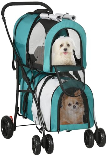 PawHut Carrito Doble para Perros Gatos Cochecito Plegable para Mascotas con 2 Transportines Extraíbles Cinturón de Seguridad Bolsillos Laterales y 2 Cojines Cada Carga 10 kg 66x50x98 cm, Verde