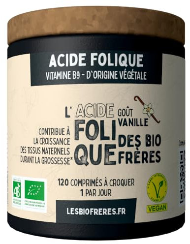 Acide Folique – Vitamine B9 – Croissance des Tissus Maternels – Réduit la Fatigue – 120 comprimés à croquer – Arôme Naturel et Vegan – Goût Vanille – 4 mois de cure – Les Bio Frères
