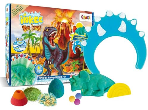 INKEE Set de Bain Dino | Coffret de Bain avec 7 Additifs de Bain pour enfants, Bombes de bain Dinosaure & Sels de Bain Enfants - à l'huile d'avocat, avec accessoires