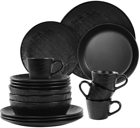 Navaris Linen Artisan Stoneware Dinner Sets for 4 People (16 Pieces) - Dishwasher and Microwave Safe Plates and Bowls Set - Dinner Plates, Dessert Plates, and Mugs Dinnerware Set - Charcoal Black