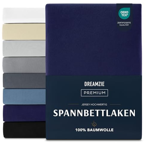 Dreamzie Premium Spannbettlaken 70x200 cm, Spannbetttuch für Dicke Matratzen bis zu 12 cm, Bettlaken 100% Jersey Baumwolle, 150 g/m², Oeko-TEX Zertifiziert - Dunkelblau