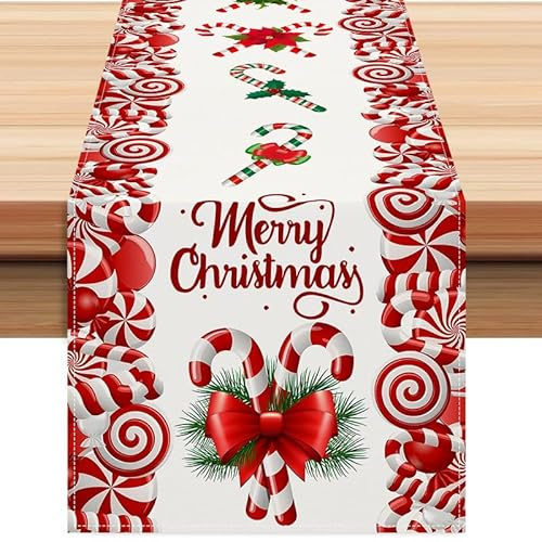 Christmas Linen Red and White Candy Cane Christmas Table Runner 72 Inches Long Seasonal Winter Christmas Xmas Holiday Farmhouse Style Table Decoration (Red)