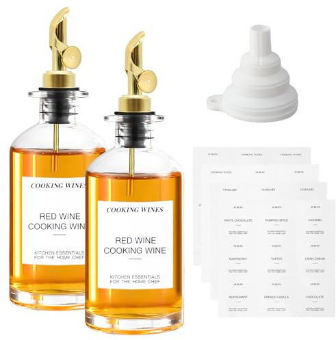 Dokeno Lot de 2 Bouteille Huile Olive avec Bec Verseur, Distributeur Huile d’Olive pour Cuisine, Oil Dispenser Vinaigre Distributeur, Avec étiquettes Autocollants et Entonnoir (350 ml, Or)