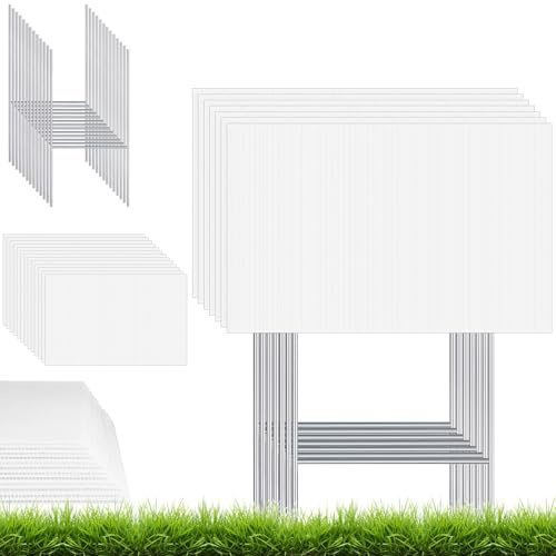 Confezione da 20 cartelli vuoti da cortile con paletti, 41 x 30 cm, in plastica ondulata, cartelli per prato, in plastica bianca, per affitto esterno, vendita garage, giardino, freccia, decorazioni