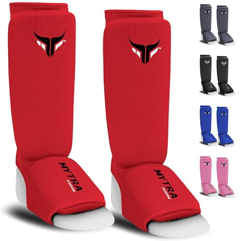 Junior paratibie elastici poliestere kick boxing, leggeri imbottiti schiuma allenamento paratibie Muay Thai, arti marziali, parastinchi MMA bambino (Rosso, XXS)