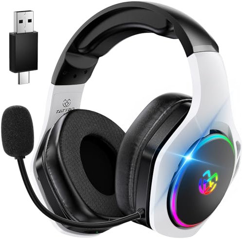 Tatybo Wireless Gaming Headset für Ps5/Ps4/PC/Switch, 2.4GHz & Bluetooth, unter 25 ms Latenz, 35 Std Laufzeit, atmungsaktive Ohrpolster, RGB, Kabelloses Gaming Headset, Schwarz-Weiß