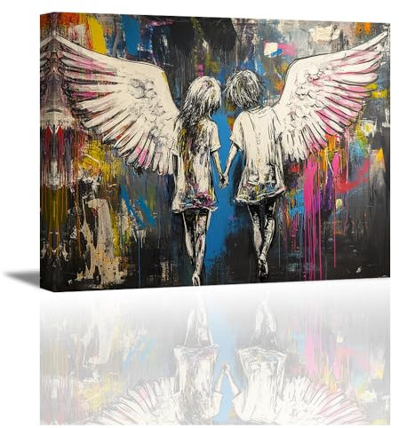 Piy Painting Scrawl Leinwand Gemälde, Junge und Mädchen Leinwandbild, Engel Wanddekoration Gemälde, Wing Wandbild Kunstdrucke, Für Schlafzimmer Flur Café Yoga Studio, 30x40 cm, Eingebautem Holzrahmen