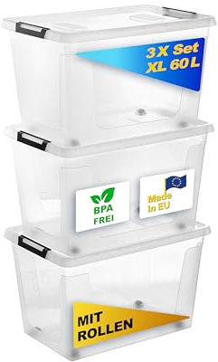 Gardissimo 3er Set Aufbewahrungsbox mit Deckel und Rollen 60 Liter, Kunststoff Stapelboxen, Made in Europe, Clip-Verschluss, BPA-frei, Transparent
