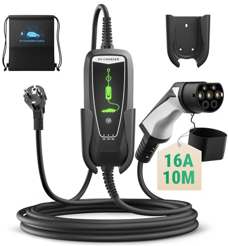WISSENERGY Typ 2 EV-laddningskabel Schuko 2-stifts, 3,68 KW enfas [10–16 A] EV-laddare med 10 m laddkabel, IP66 vattentät mobil laddningsstation med bärväska för PHEV EV