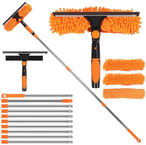 MEKOTRIN 4,5 m Fensterwischer mit Teleskopstiel, 2 in 1 Langer Glas Fensterreiniger mit Silikonabzieher und Mikrofaser-Schrubber für Hohe Fenster im Innen und Außen(Orange)