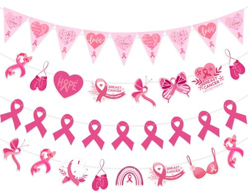 Leikedun Bannière Octobre Rose Kit Décoration 2025 - Banderole & Fanions Espoir/Amour pour Collecte de Fonds, Événement de Sensibilisation contre le Cancer du Sein - Ruban Rose, Accessoires inclus