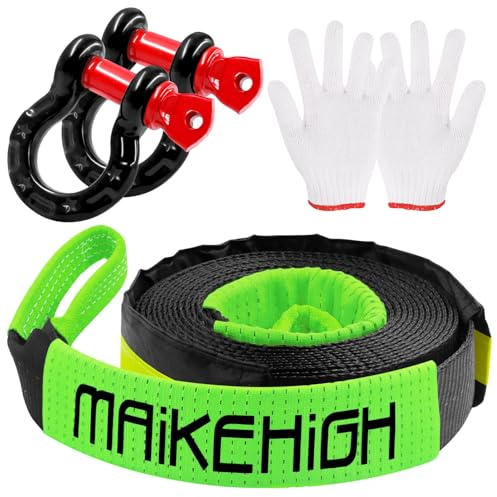 MAIKEHIGH Abschleppseil 5M x 5cm, 10 Tonnen (22,000 Lbs) Tow Rope Abschleppseile für Off-Road Recovery SUV mit 2 Verstärkten Haken, 2 Handschuhen (Schwarz-Grün)