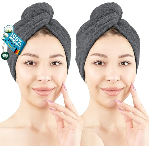 Hammetex Haartuch Damen 2er Set – Haarhandtuch aus 100% Baumwolle – Oeko-TEX Zertifiziert – Weich, Saugstark – Haarturban mit Knopf, Antrasit