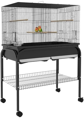 PawHut Gabbia per Uccelli da Interno con Vassoio, Ripiano e Ruote, Voliera in Acciaio per Cocorite, Canarini, Calopsitte e Pappagalli, 85x49x119 cm, Nero