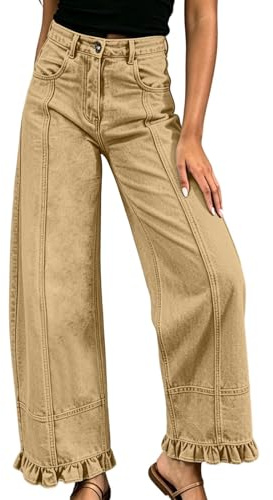 Pantalones de mezclilla para mujer, con dobladillo con volantes, estampado floral, pierna ancha, casuales, holgados, de tiro medio, recortados, para uso diario