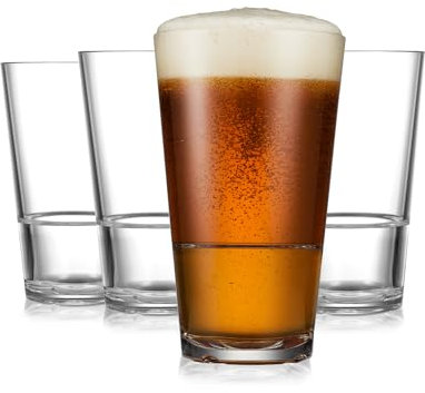 Drinique Unbreakable Caliber Pint Beer Glasses – Set of 4 | 16oz Tritan Plastic - Made in USA | 50% Recycled Content | Reusable, Dishwasher Safe, BPA-Free, Shatterproof | Everyday Use - Clear