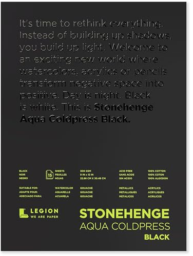 Stonehenge Aqua Black Medium Weight Pad, 140lb, Coldpress, 9 x 12 Inches, 15 Sheets for Wet and Dry Media