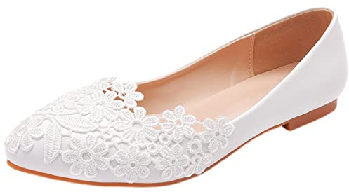Jamron Dam Elegant spetsig tå blomma spets pärlor brudskor pumpar mjuk sula balettskor, Vit spets, 35.5 EU